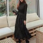 Set: Slim-fit Knit Top + Fringed Layered Long Skirt Black - One Size