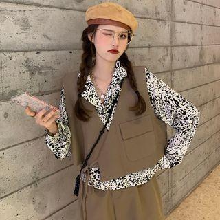 Print Long-sleeve Shirt / Plain Big-pocket Vest