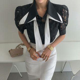 Puff-sleeve Lace Blouse With Tie