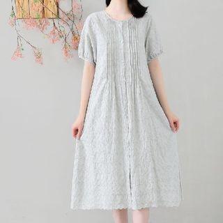 Elbow-sleeve Buttoned Lace Panel Dress