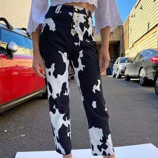 High-waist Cow Print Straight Leg Jeans