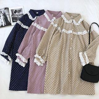 Lace Panel Polka Dot Corduroy Long-sleeve Dress