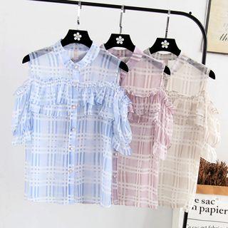 Short-sleeve Cold Shoulder Plaid Blouse