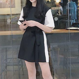 Color Panel Tie Waist Elbow Sleeve Dress