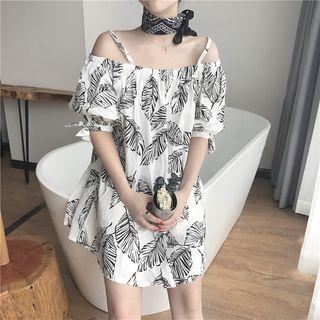 Leaf Print Short-sleeve Cold Shoulder Sundress
