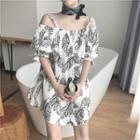 Leaf Print Short-sleeve Cold Shoulder Sundress
