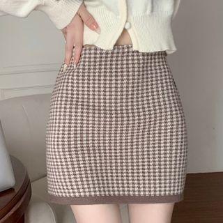 Contrast Trim Houndstooth Mini Pencil Skirt