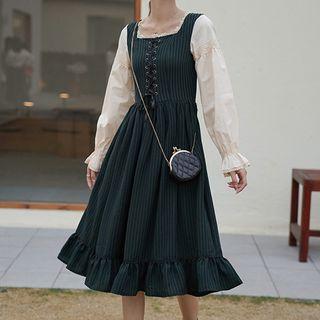 Bell-sleeve Striped Midi A-line Dress