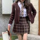 Cardigan / Shirt With Necktie / Plaid Pleated Mini A-line Skirt