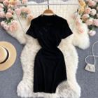 Short-sleeve Frog-button Fringed Mini Sheath Dress Black - One Size