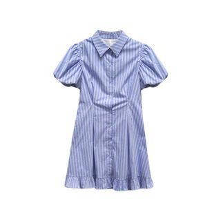 Puff-sleeve Striped Mini A-line Shirtdress