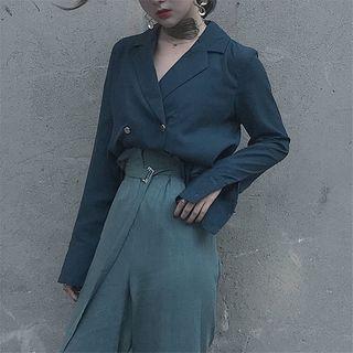 Double-breasted Long-sleeve Chiffon Blouse / Wide Leg Pants