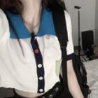 Short-sleeve Color-block Cropped Cardigan White - One Size