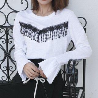 Long-sleeve Fringed Panel Top