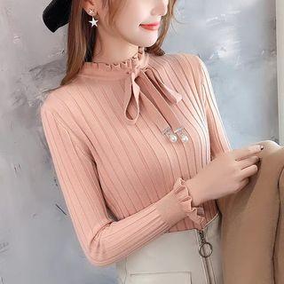 Frilled Trim Beaded Plain Knit Top