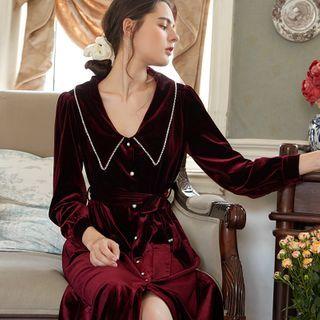 Long-sleeve Velvet Buttoned Sleep Dress