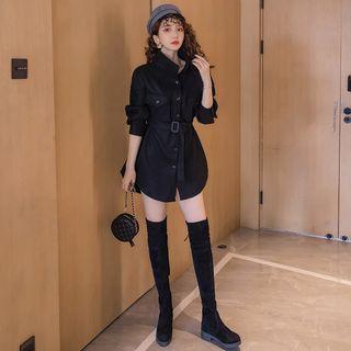 Long-sleeve Belt-waist Mini Dress