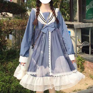 Sailor Collar Lace Trim Ruffled A-line Dress