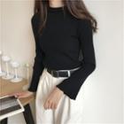 Semi Turtle-neck Plain Flare Long-sleeve Knitted Top