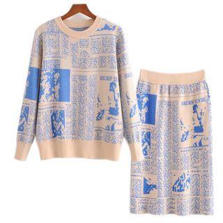 Set: Lettering Sweater + Knit Pencil Skirt Set Of 2 - Sweater & Skirt - Khaki - One Size