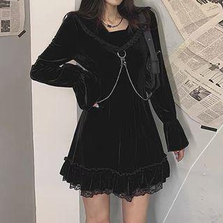 Long-sleeve Chain Accent Lace-trim Mini A-line Dress