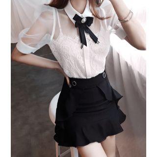 Puff-sleeve Lace-panel Sheer Blouse With Brooch Ivory - One Size