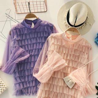 Long-sleeve Frill Trim Mesh Top