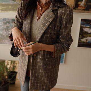 Snap-button Plaid Blazer