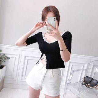 V-neck Slit-front Lace-trim Top