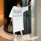 Lettering 3/4-sleeve Midi T-shirt Dress White - One Size