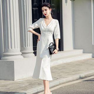 Long-sleeve Button-up Midi Mermaid Dress