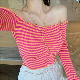 Long-sleeve Frill Trim Striped Cropped Top