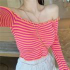 Long-sleeve Frill Trim Striped Cropped Top