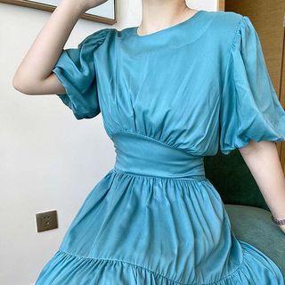 Puff-sleeve Plain Maxi Chiffon Dress