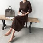 Long Rib-knit Dress With Sash Brown - One Size