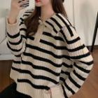 Large Lapel Striped Cropped Knit Top