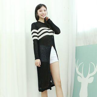Contrast-trim Slit-front Long Knit Top