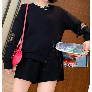Set: Long-sleeve Plain Tassel Top + High-waist Wide-leg Shorts