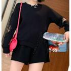 Set: Long-sleeve Plain Tassel Top + High-waist Wide-leg Shorts