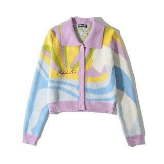 Letter Embroidered Polo-neck Cardigan White - One Size