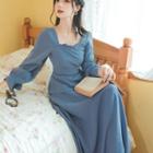 Long-sleeve Plain Shirred Midi A-line Dress