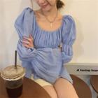 Lantern-sleeve Square-neck Plain Blouse Blue - One Size