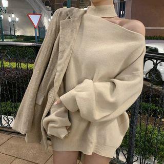 Mock Turtleneck Cutout Sweater Almond - One Size