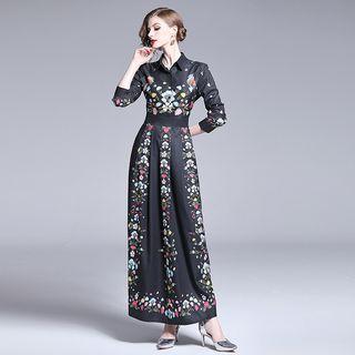 Long-sleeve Floral Printed A-line Maxi Dress
