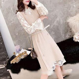 Set: Long-sleeve Midi Lace Dress + Sleeveless Knit Dress
