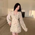 Long-sleeve Star Print Mini A-line Dress White - One Size