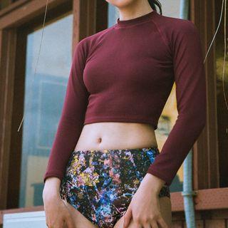 Set: Long-sleeve Swim Top + Patterned Swim Bottoms