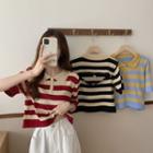 Short-sleeve Striped Collared Open Back T-shirt