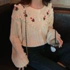Pom Pom Accent Embroidered Flower Cardigan Off-white - One Size