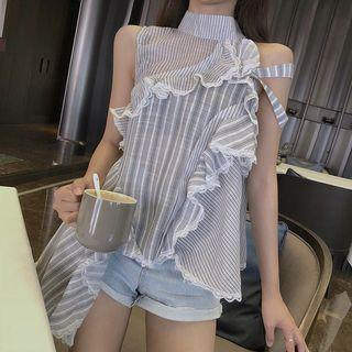 Sleeveless Striped Chiffon Top Stripes Shirt - One Size